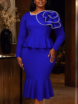 AOMEIDRESS Mermaid Midi Dress Long Sleeves 3D Flower Peplum Ruffle