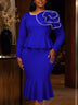 AOMEIDRESS Mermaid Midi Dress Long Sleeves 3D Flower Peplum Ruffle