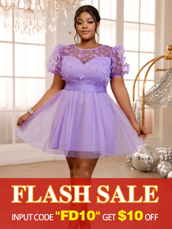 AOMEIDRESS Lavender Butterfly A Line Dresses O Neck Short Puff Sleeve