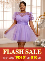 AOMEIDRESS Lavender Butterfly A Line Dresses O Neck Short Puff Sleeve