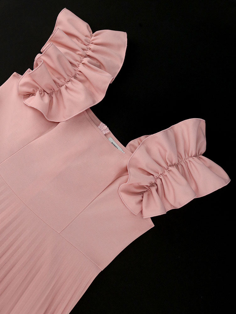 AOMEIDRESS A Line Pleated Dress Square Collar Sleeveless Ruffles