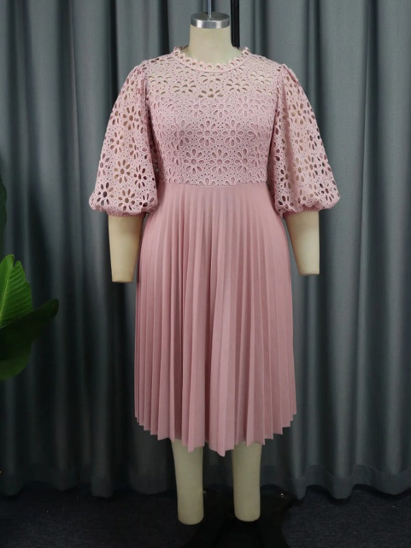 AOMEI Pink Lace Hollow Out Pleated Dresses Midi