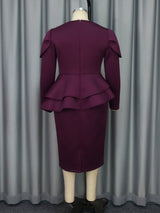 Special Occasion Purple Round Neck Long Sleeve Dress with Silver Thread Floral Embellishments