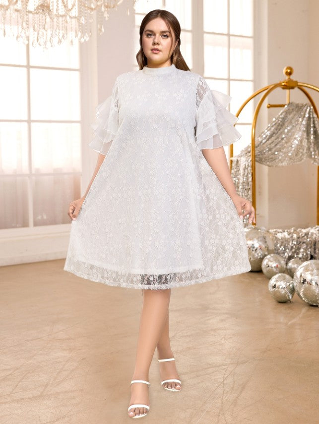 AOMEIDRESS White Floral Lace Loose Dress Half High Collar Ruffles