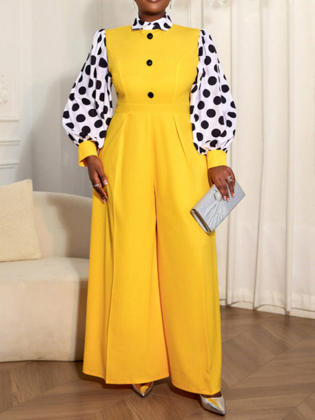 AOMEIDRESS Elegant Yellow Wide Leg Jumpsuit Contrast Dot Puff Sleeves Yellow / L