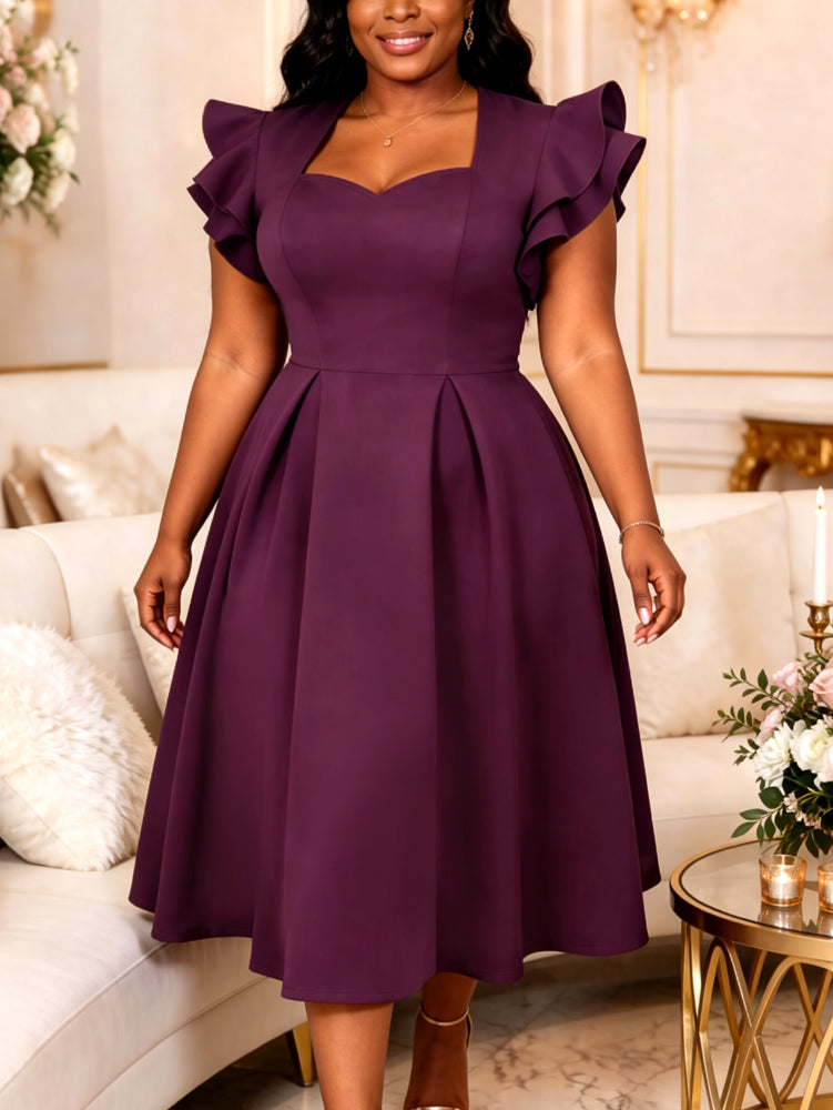 AOMEIDRESS Elegant A Line Midi Dress Sweetheart Neck Ruffle Sleeves
