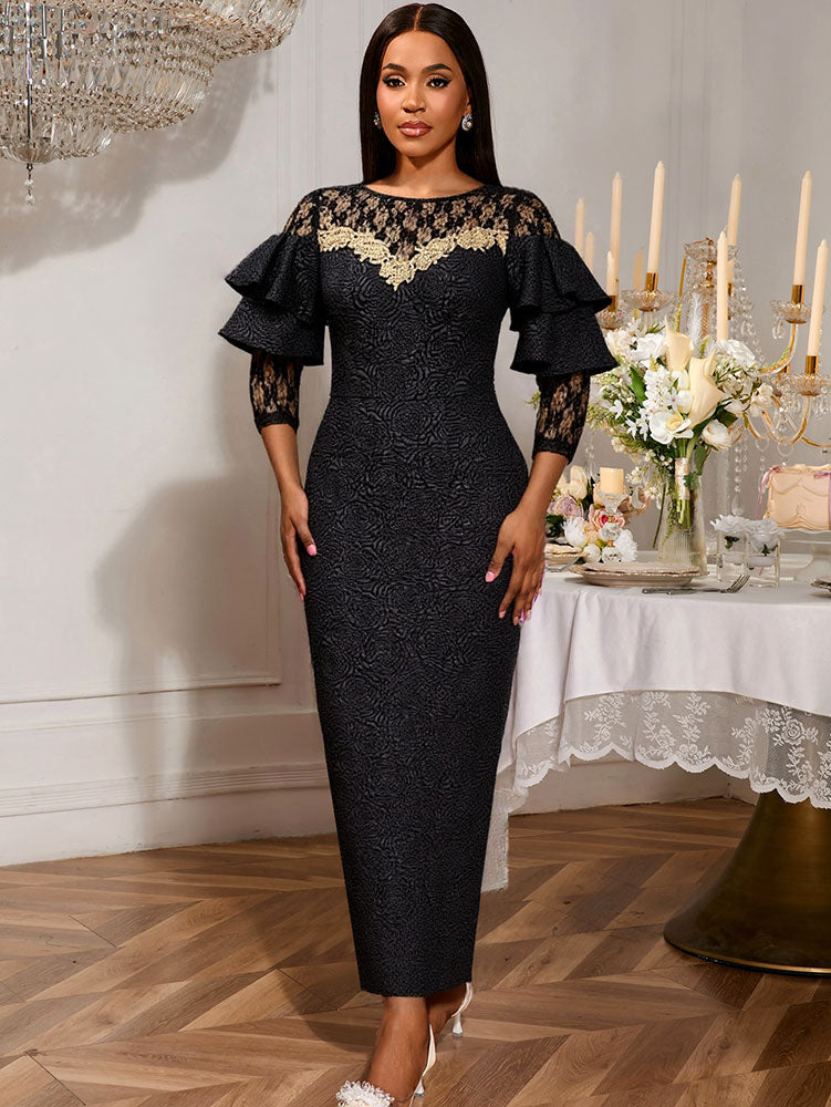 AOMEIDRESS Black Jacquard Lace Bodycon Dress Evening Cocktial Gowns