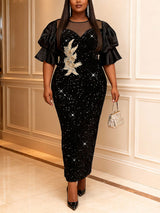 AOMEIDRESS Sequin Bodycon Party Dress Sheer Mesh Neck Puff Sleeves