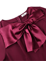 AOMEIDRESS Women Elegant Midi Dress O Neck Satin Bow Long Sleeve
