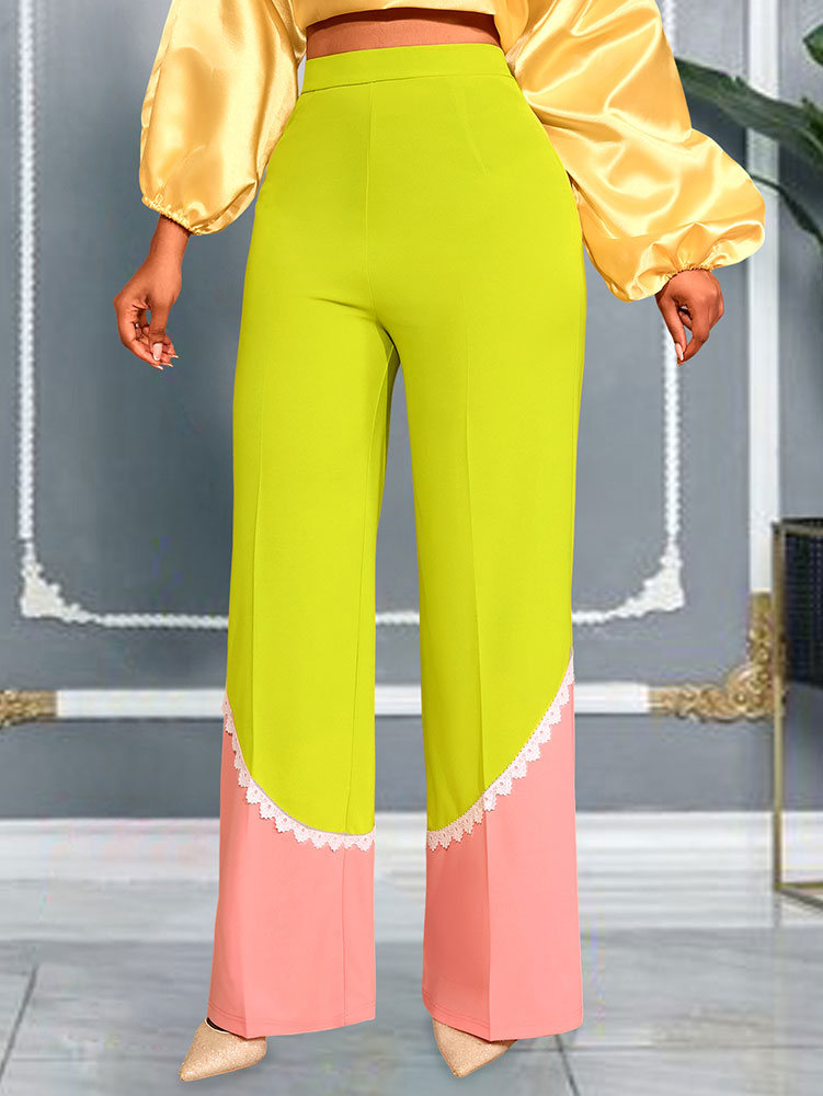 AOMEIDRESS Stylish Colorblock Wide Legged Pants Lace Trim Causal Wear