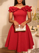 AOMEIDRESS Off Shoulder A Line Dress Puff Sleeve 3D Ruffles for Party