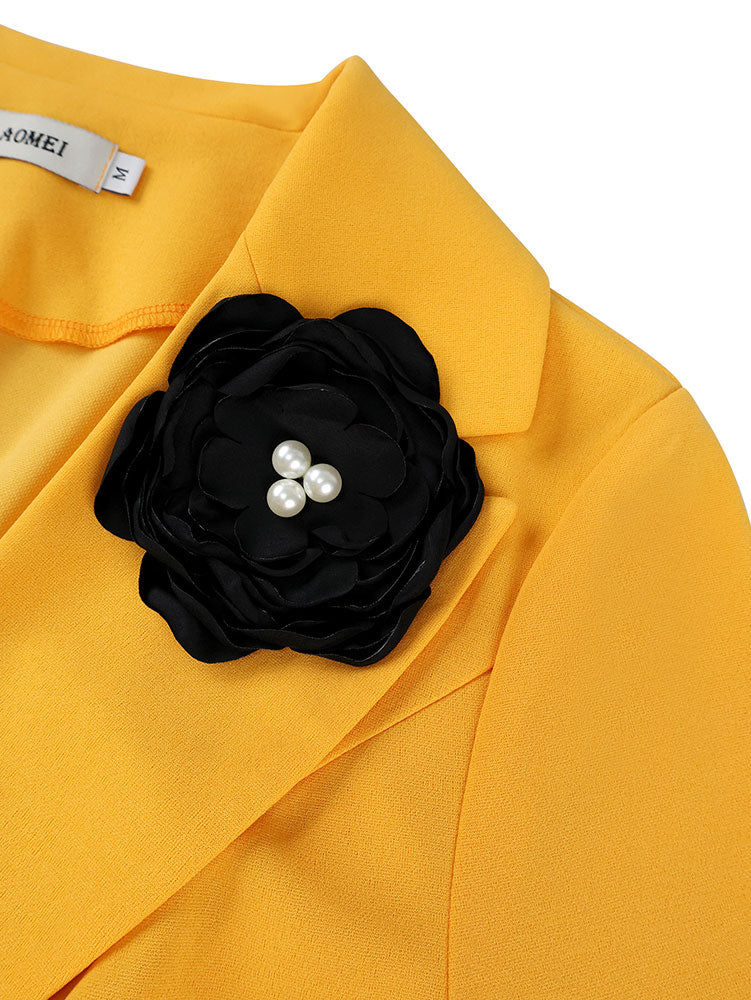 AOMEIDRESS Office Two Piece Set 3D Flower Blazer Black Pencil Skirt