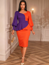 AOMEIDRESS Peplum Colorblock Dress Puff Sleeves Church Office Party
