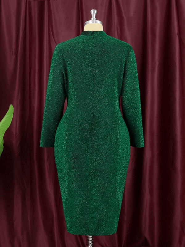 AOMEI Green Long Sleeve Midi Shiny Dress