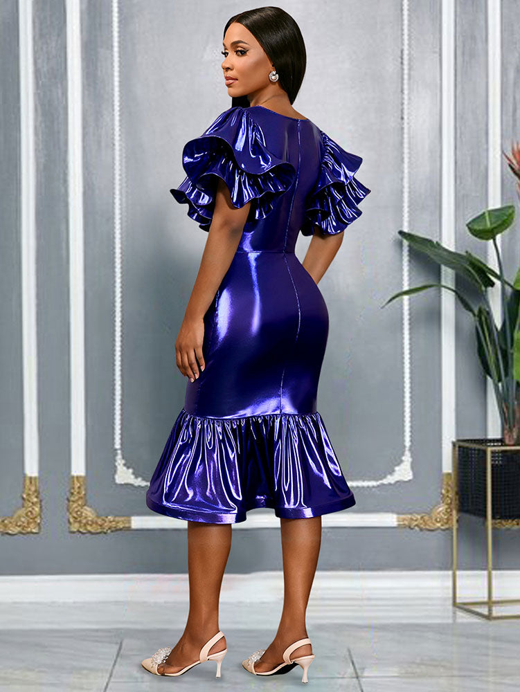 AOMEIDRESS DarkBlue Bodycon Mermaid Dress  Ruffle Sleeve Party Gowns