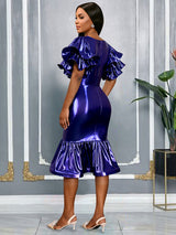 AOMEIDRESS DarkBlue Bodycon Mermaid Dress  Ruffle Sleeve Party Gowns