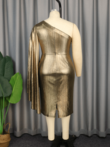 AOMEI Gold One Shoulder Midi Dress Cape Sleeve