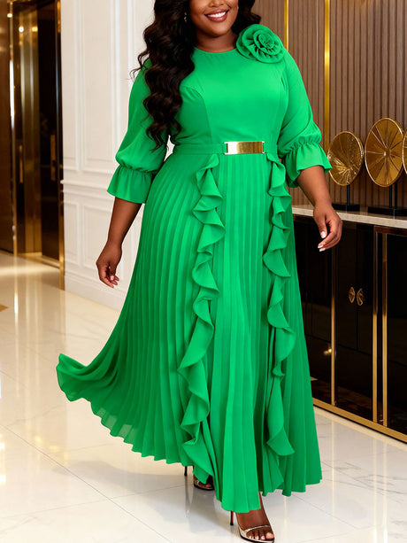 AOMEIDRESS Chiffon Pleated Dress with Layered Ruffles 3D Flower Belt