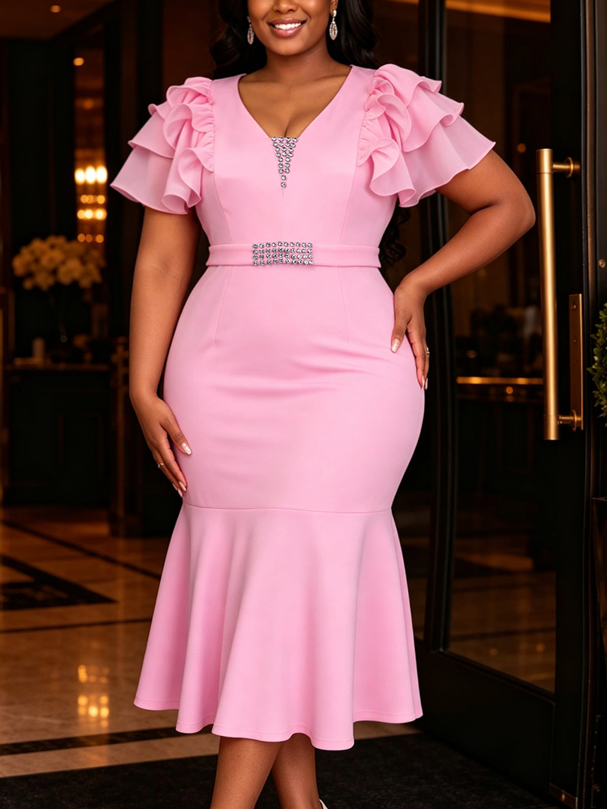 AOMEIDRESS Bodycon Mermaid Midi Dress V Neck Ruffle Sleeve Rhinestone