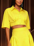 AOMEIDRESS Chic Yellow Cropped Button Up Shirt Turn Down Collar Tops