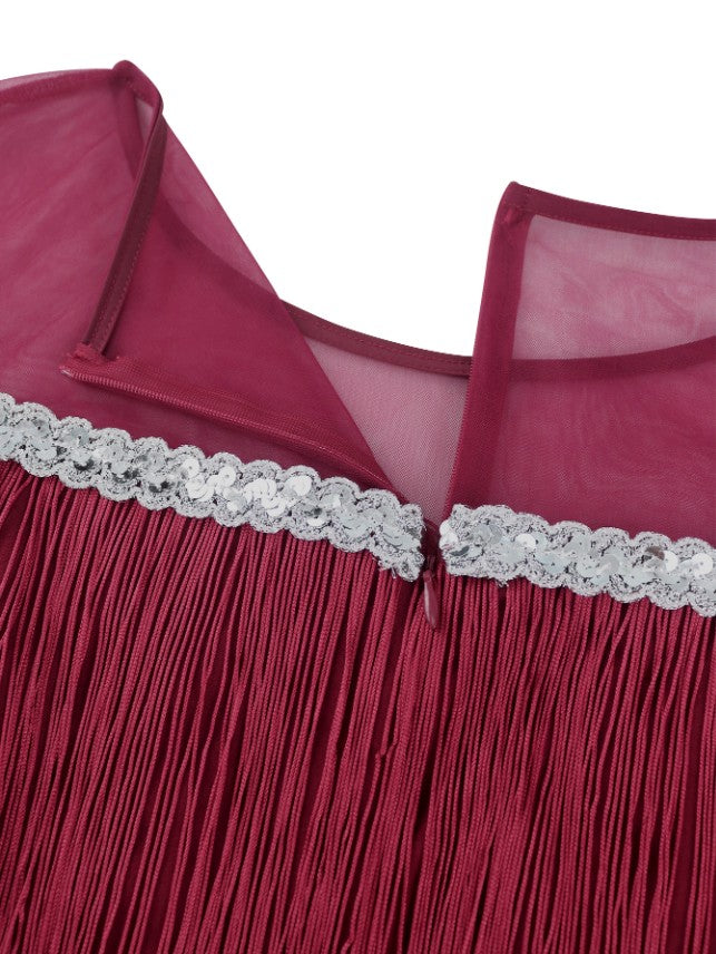 AOMEIDRESS Burgundy Party Dresses O Neck Tulle Patchwork Fringe