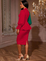AOMEIDRESS Peplum Colorblock Dress Puff Sleeves Church Office Party