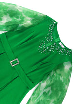 AOMEIDRESS Nail Bead A-line Dress O Neck Mesh Patchwork Bubble Sleeve