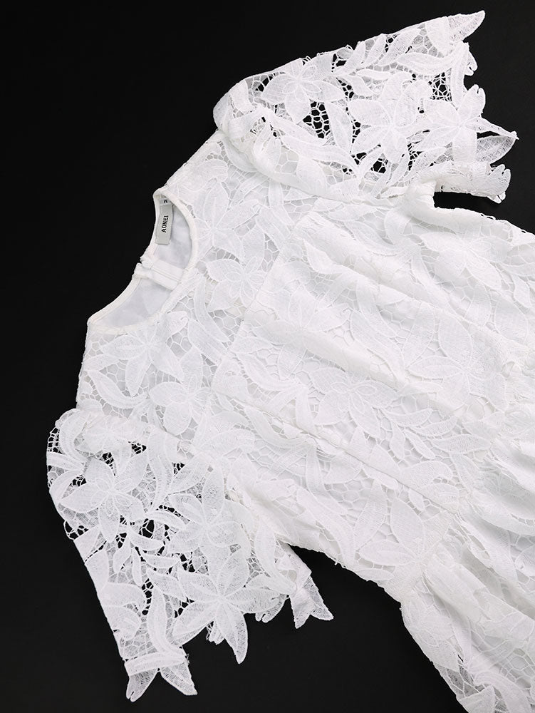 AOMEIDRESS Elegant A Line Lace Dress O Neck Hollow Out Short Sleeves