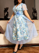 AOMEIDRESS A Line Dress Print Mesh V Neck Butterfly Sleeve 3D Flower
