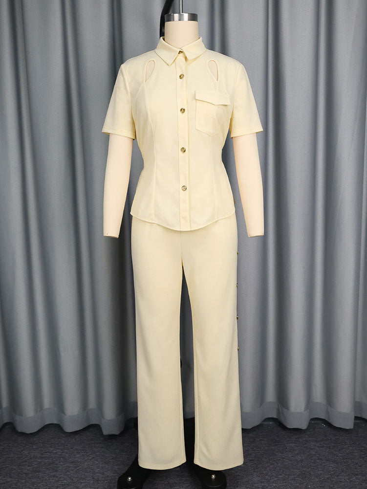 AOMEIDRESS Office Two Pieces Set Short Sleeves Tops Full Length Pants