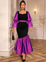 AOMEIDRESS Colorblock Mermaid Bodycon Dress Puff Sleeves Party Gowns