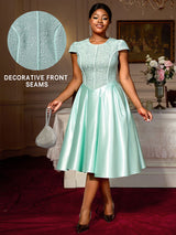 AOMEIDRESS Elegant A Line Midi Jacquard Wedding Dress Patchwork Satin Skirt