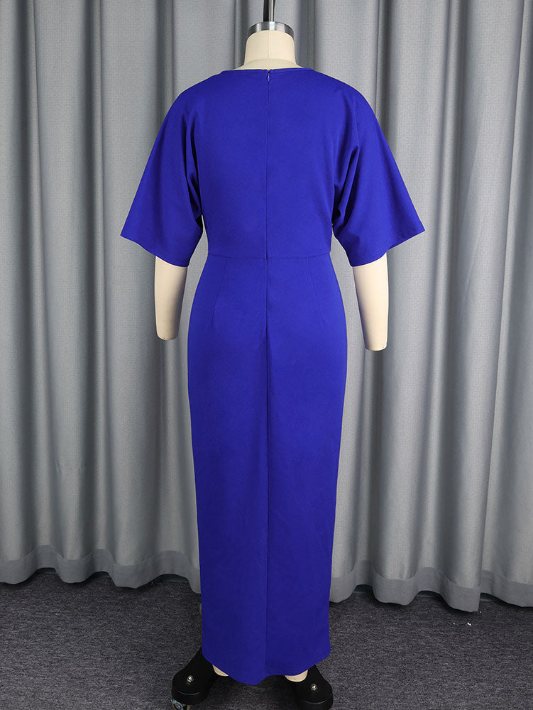 AOMEIDRESS Blue Bodycon Dress V Neck Rhinestone Belt Slit for Party