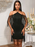 AOMEIDRESS Black Tassel Halter Bodycon Dress Off Shoulder Party Gowns Black / S