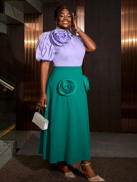 AOMEIDRESS Office Two Piece Set 3D Flower Shirt With A Line Skirt