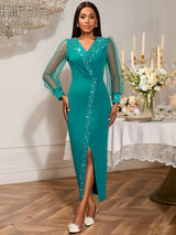 AOMEIDRESS Elegant Beading Wedding Dress Long Sheer Sleeve V Neck Slit