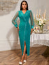 AOMEIDRESS Elegant Beading Wedding Dress Long Sheer Sleeve V Neck Slit