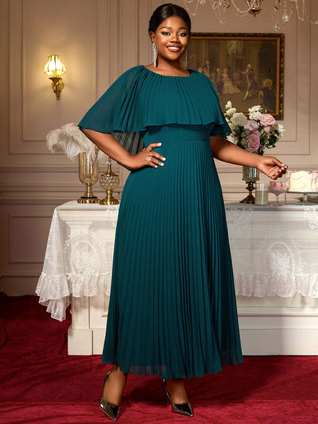 AOMEIDRESS Elegant Maxi Pleated A Line Church Dresses Cape sleeves