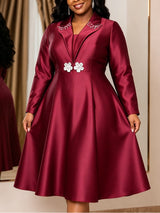 AOMEIDRESS Women Satin A Line Dress Square Collar Beaded Long Sleeve