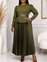 AOMEIDRESS Two Piece Set O Neck Long Sleeves Belt Top Pleated Skirt