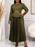 AOMEIDRESS Two Piece Set O Neck Long Sleeves Belt Top Pleated Skirt