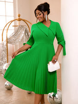 AOMEIDRESS Green Pleated Dress Irregular Collar Half Sleeve with Bows Green / S