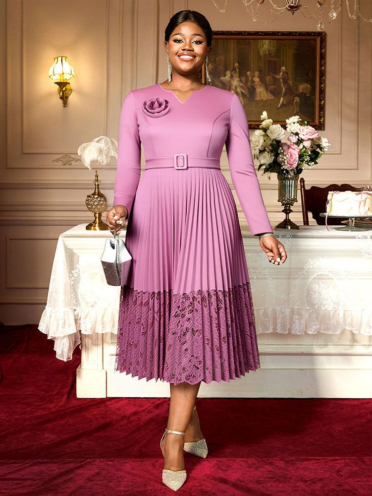 Women A Line Pleated Dress V Neck 3D Flower Patchwork Lace Autumn New