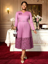 Women A Line Pleated Dress V Neck 3D Flower Patchwork Lace Autumn New