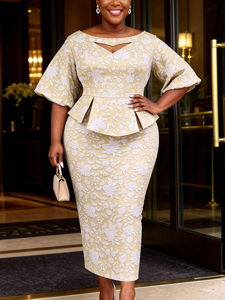AOMEIDRESS Jacquard Bodycon Dress Cut Out Boat Neck Peplum Gowns