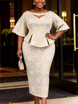 AOMEIDRESS Jacquard Bodycon Dress Cut Out Boat Neck Peplum Gowns