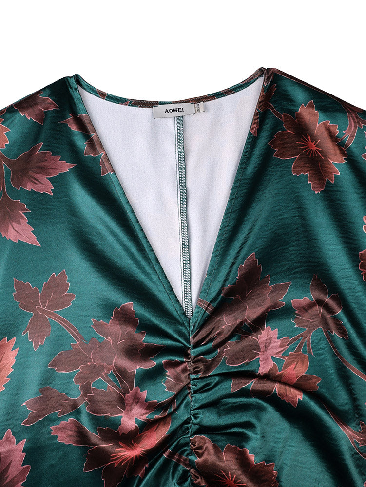 AOMEIDRESS Satin Printer BuBu Dress V Neck Long Batwing Sleeve Fringe