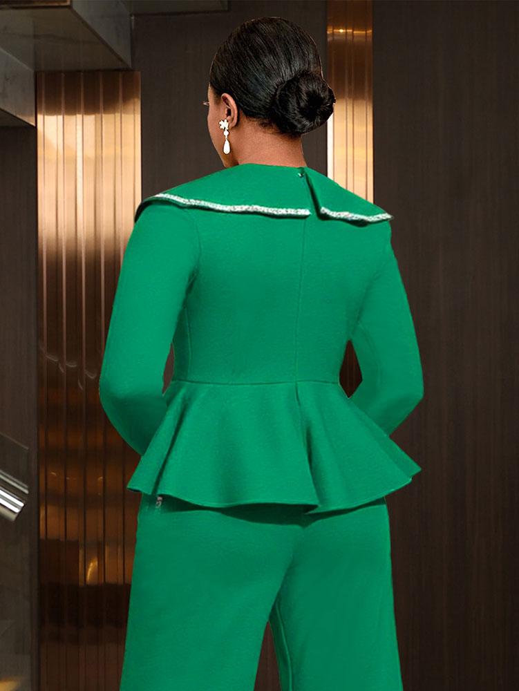 AOMEIDRESS V Neck Peplum Green Top with Rhinestone Trim Causal Church