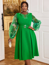 AOMEIDRESS Nail Bead A-line Dress O Neck Mesh Patchwork Bubble Sleeve