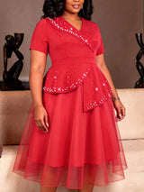 AOMEIDRESS A Line Dress V Neck Short Sleeves Beading Peplum Mesh Hem